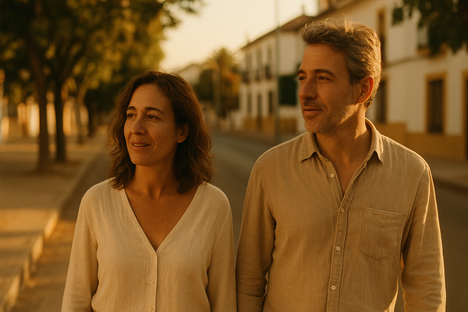Pareja paseando y conversando al atardecer